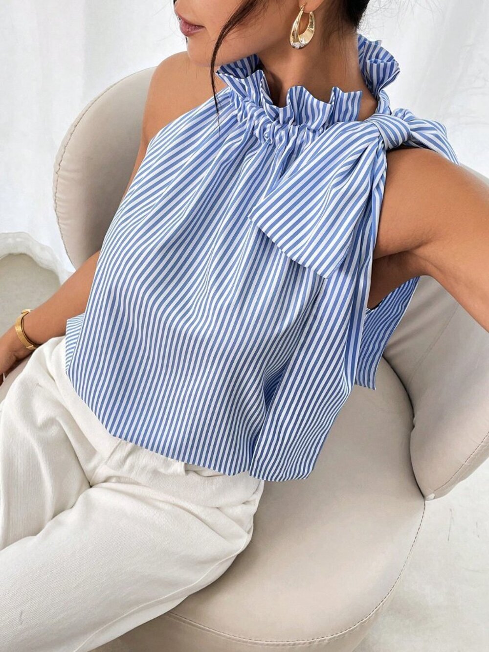 Blue Casual Women's Striped Ruffle Collar Bowknot Sleeveless Blouse - Picture 6 of 6